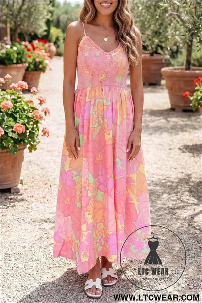 Pink Spaghetti Straps Floral Shirred High Waist Dress
