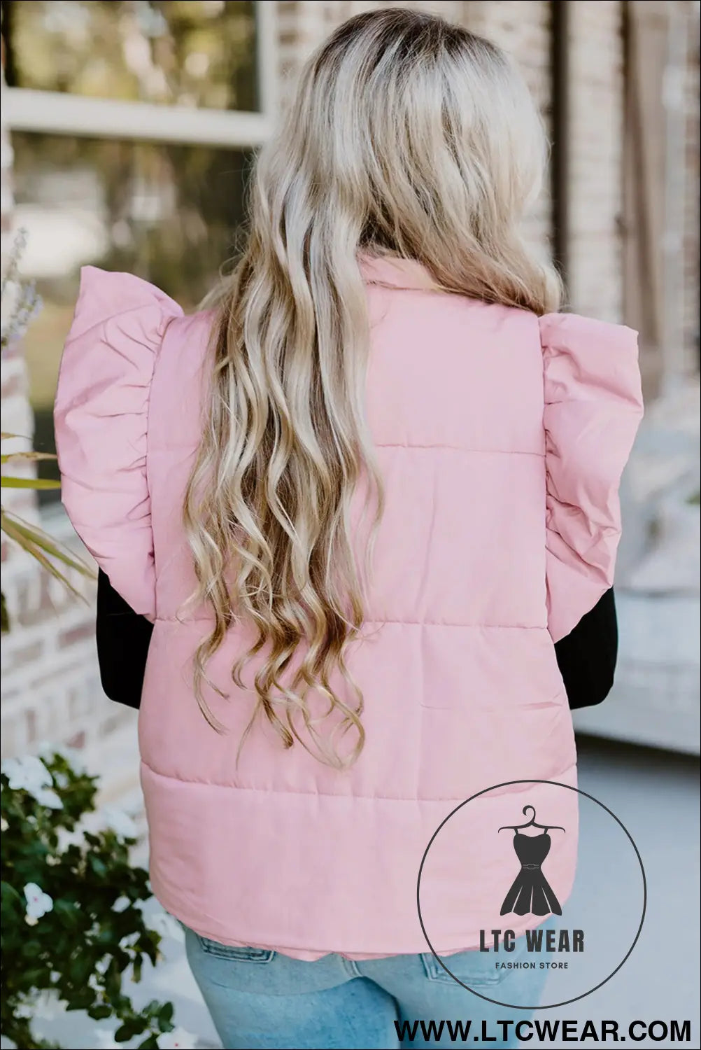 Pink stand neck flutter sleeve snap button puffer vest - coats