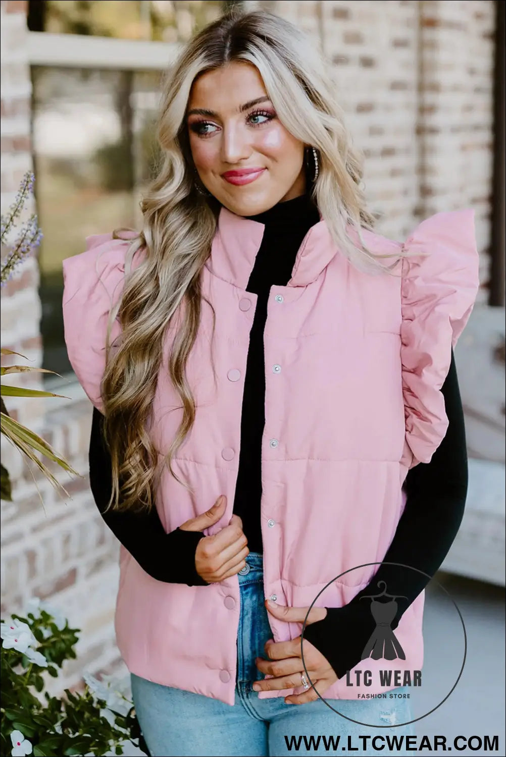 Pink stand neck flutter sleeve snap button puffer vest - coats