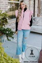 Pink stand neck flutter sleeve snap button puffer vest - coats