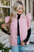 Pink stand neck flutter sleeve snap button puffer vest - coats