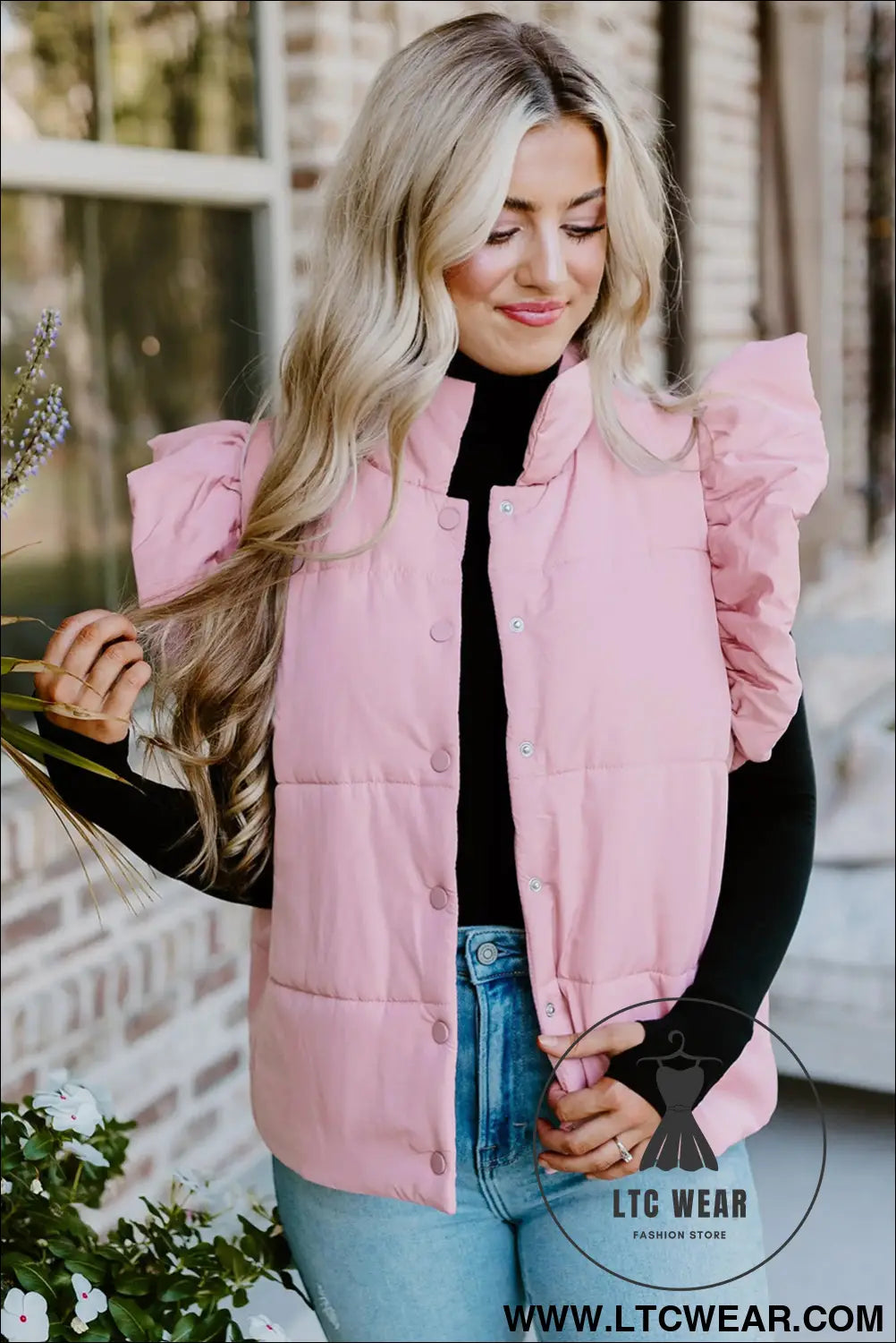 Pink stand neck flutter sleeve snap button puffer vest - coats