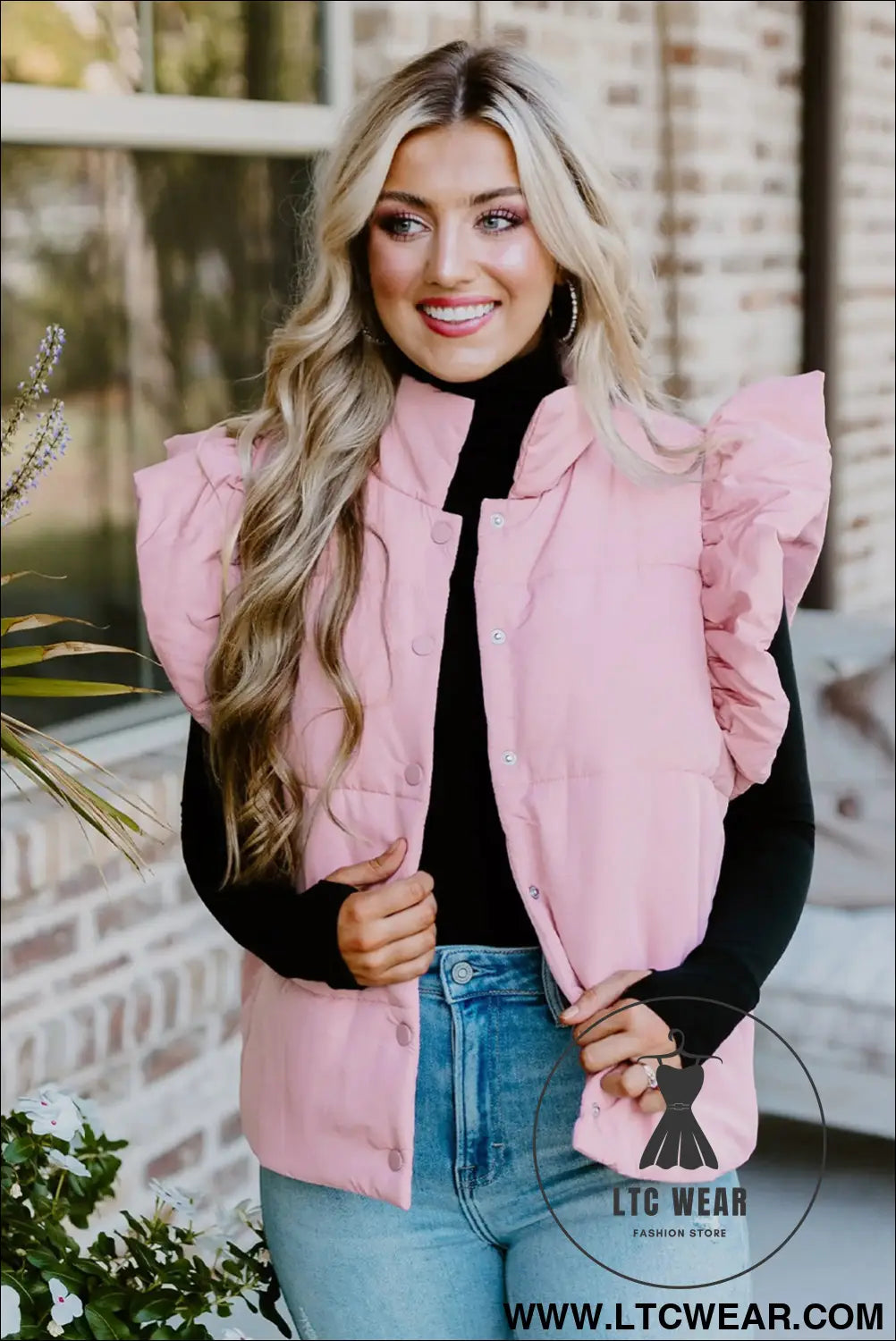 Pink stand neck flutter sleeve snap button puffer vest - coats