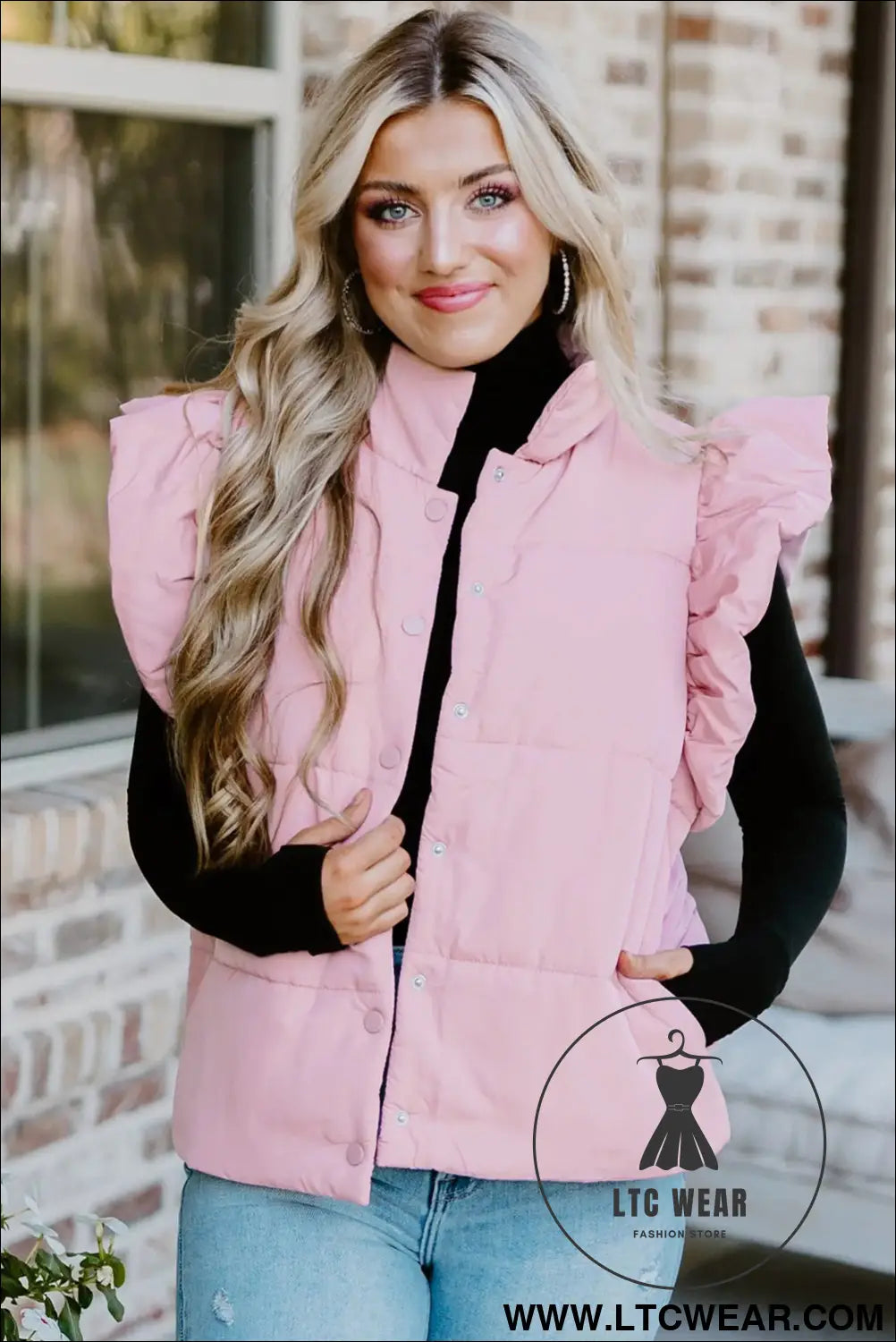 Pink stand neck flutter sleeve snap button puffer vest - coats