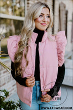 Pink stand neck flutter sleeve snap button puffer vest - coats
