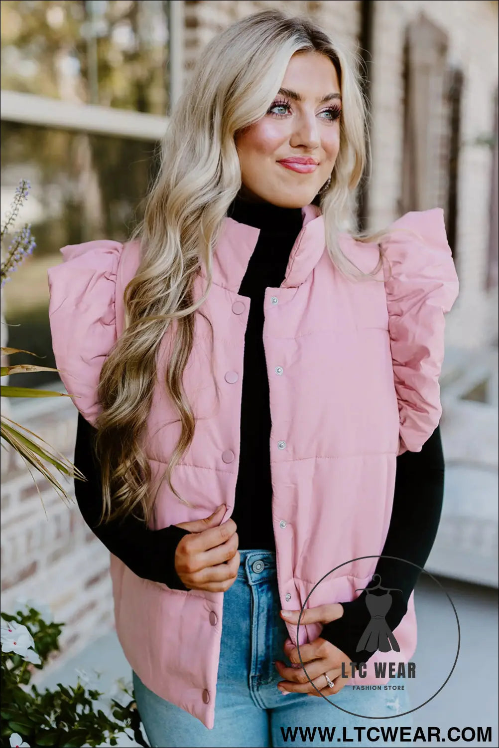 Pink stand neck flutter sleeve snap button puffer vest - coats