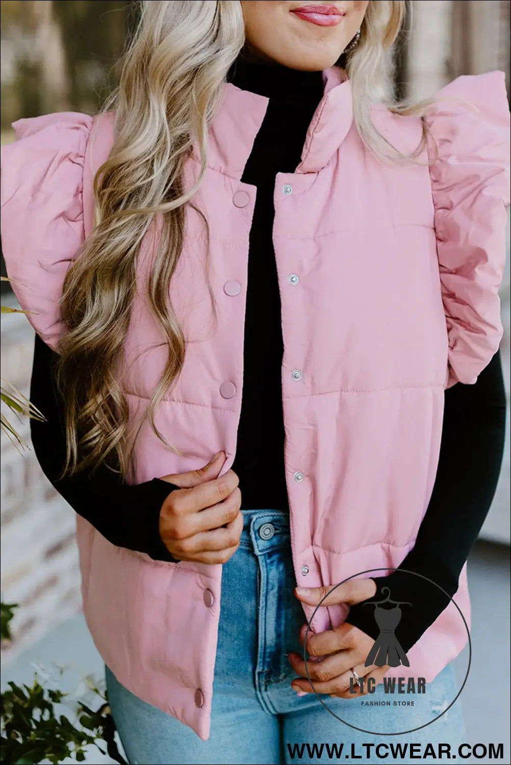 Pink stand neck flutter sleeve snap button puffer vest - pink / l / shell:100% polyester + lining:100% polyester