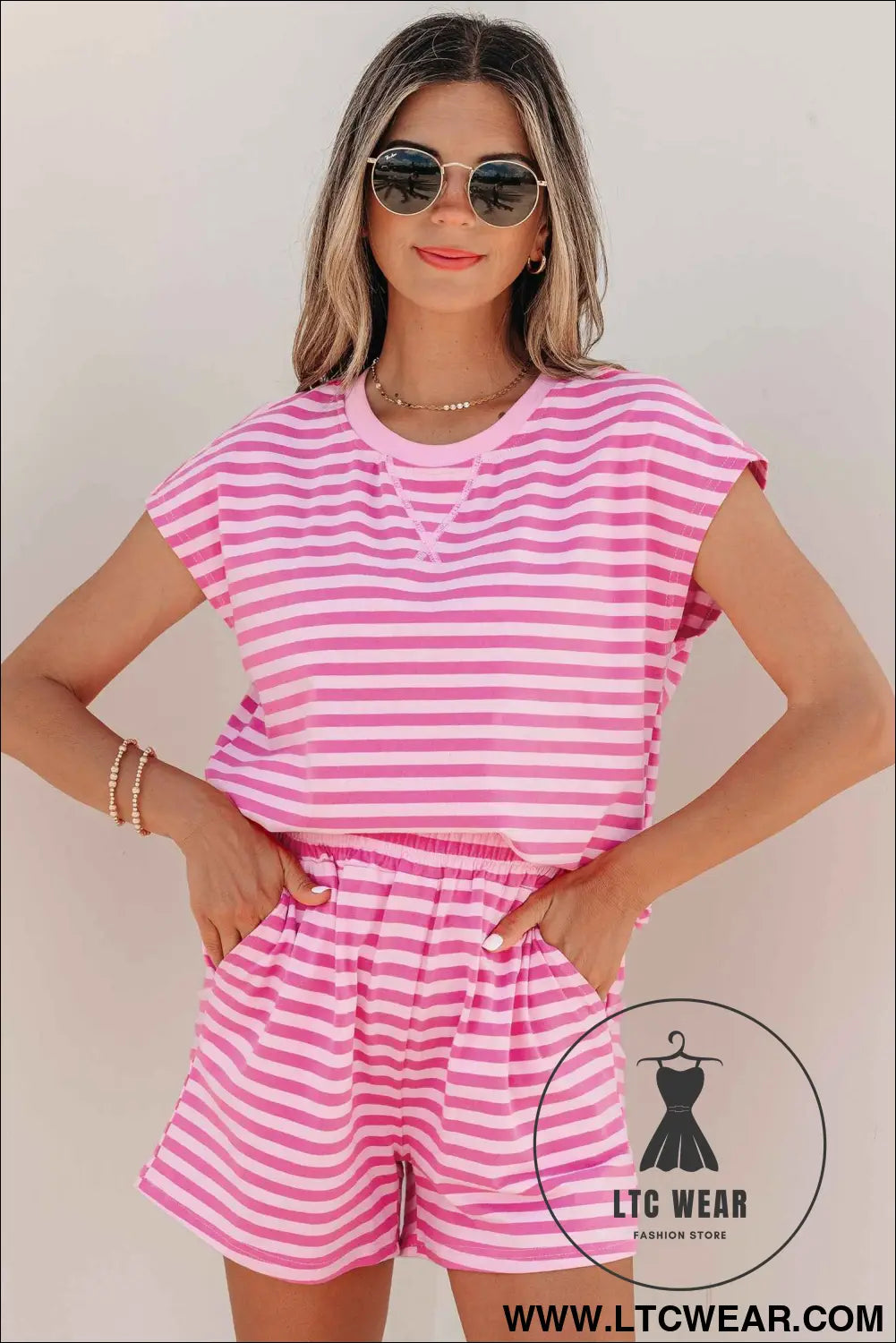 Pink Stripe Cap Sleeve Tee Elastic Waist Shorts 2pcs Outfit