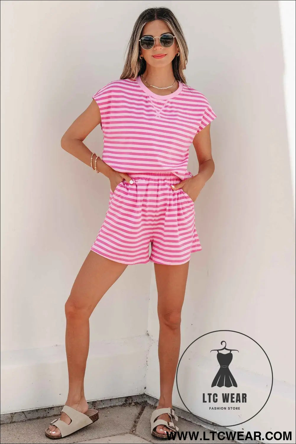 Pink Stripe Cap Sleeve Tee Elastic Waist Shorts 2pcs Outfit