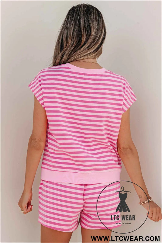 Pink Stripe Cap Sleeve Tee Elastic Waist Shorts 2pcs Outfit