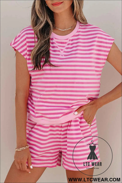 Pink Stripe Cap Sleeve Tee Elastic Waist Shorts 2pcs Outfit
