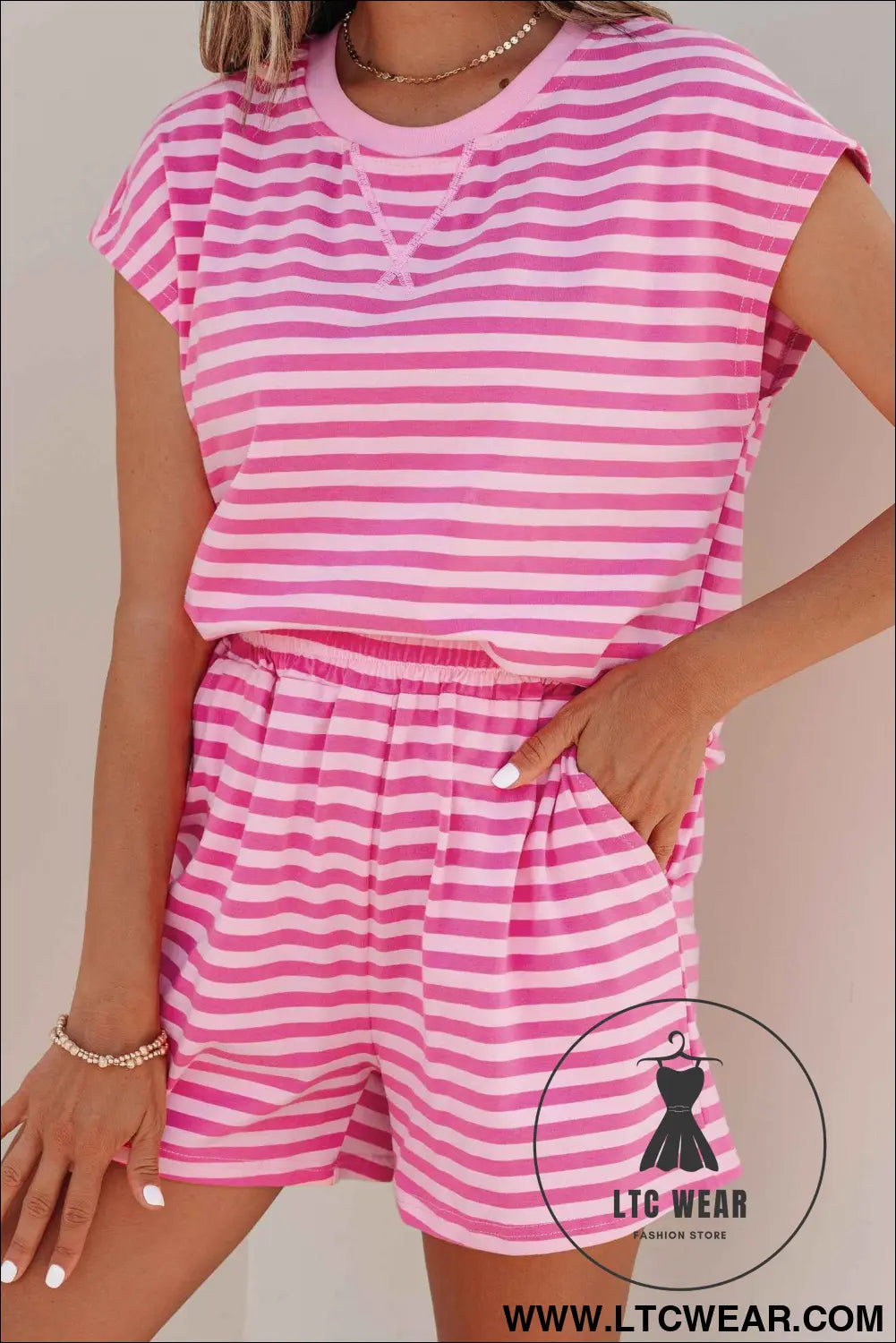 Pink Stripe Cap Sleeve Tee Elastic Waist Shorts 2pcs Outfit