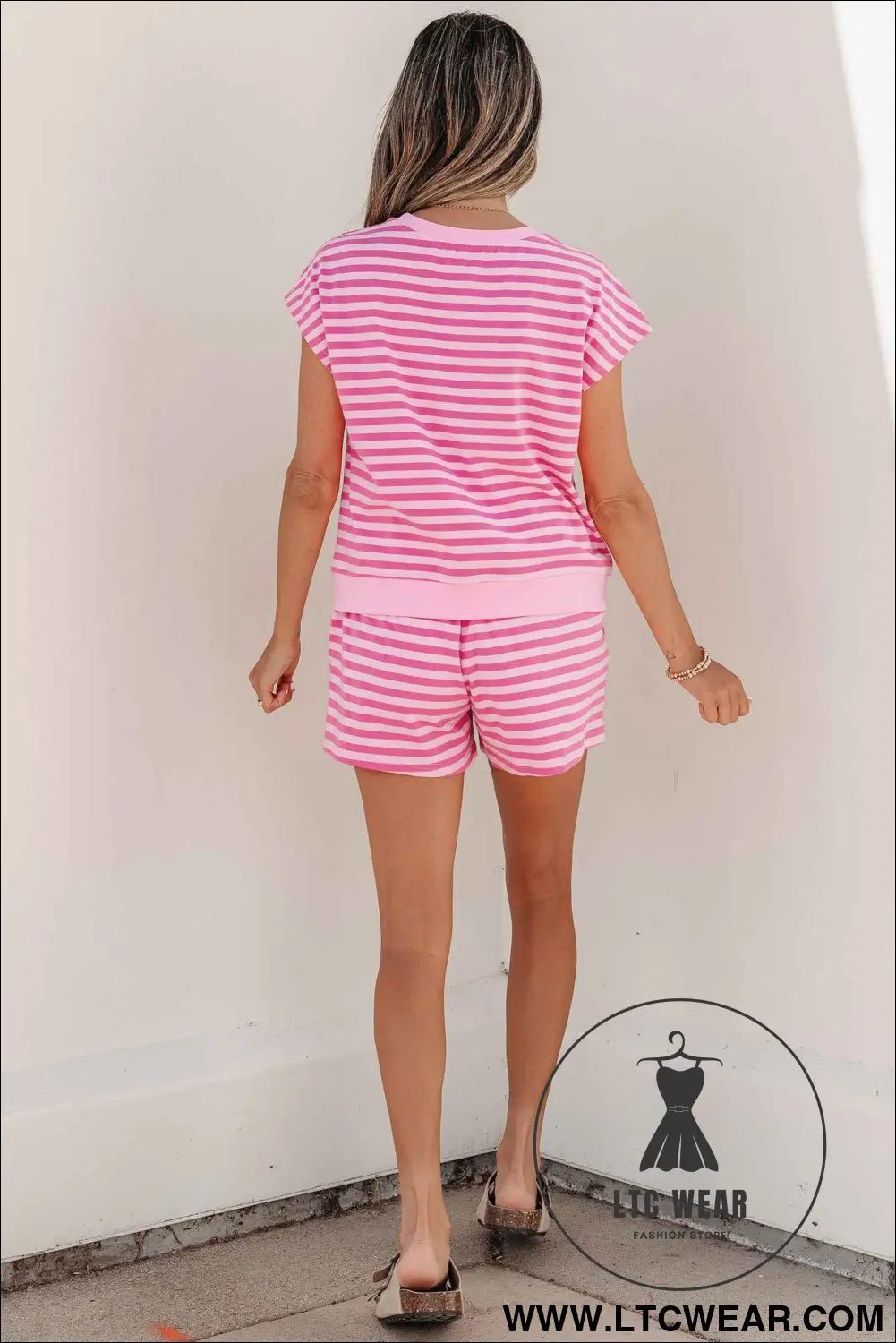 Pink Stripe Cap Sleeve Tee Elastic Waist Shorts 2pcs Outfit