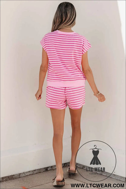 Pink Stripe Cap Sleeve Tee Elastic Waist Shorts 2pcs Outfit