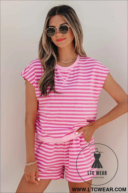 Pink Stripe Cap Sleeve Tee Elastic Waist Shorts 2pcs Outfit