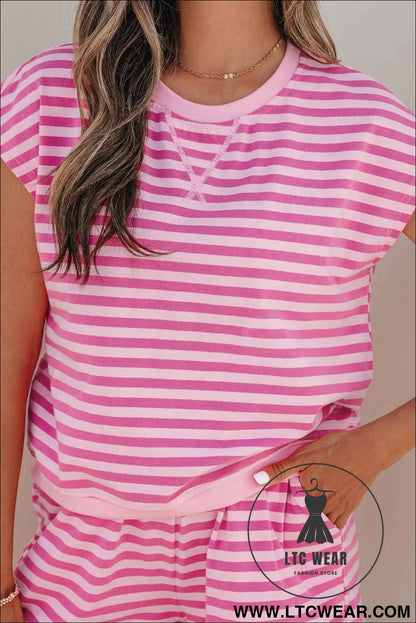 Pink Stripe Cap Sleeve Tee Elastic Waist Shorts 2pcs Outfit
