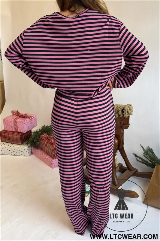 Pink Stripe Casual Long Sleeve Top Drawstring Pant Set