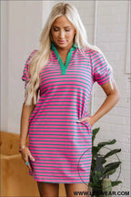 Pink and Teal Stripe Puff Sleeve T Shirt Dress with Green Collar