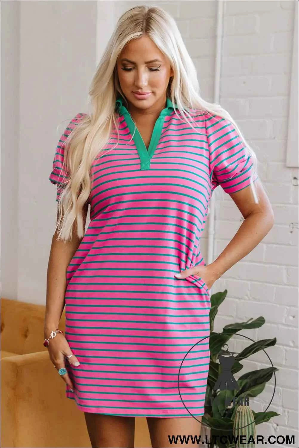 Pink and Teal Stripe Puff Sleeve T Shirt Dress with Green Collar