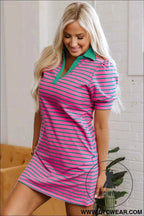 Pink and Teal Stripe Puff Sleeve T Shirt Dress with Green Collar