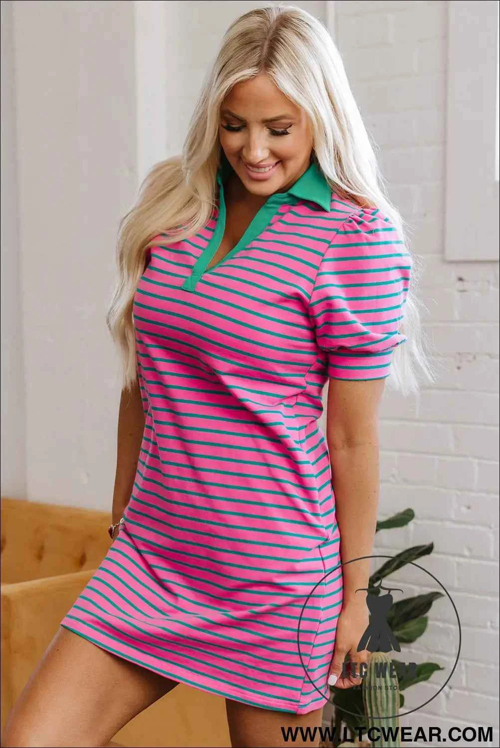 Pink and Teal Stripe Puff Sleeve T Shirt Dress with Green Collar