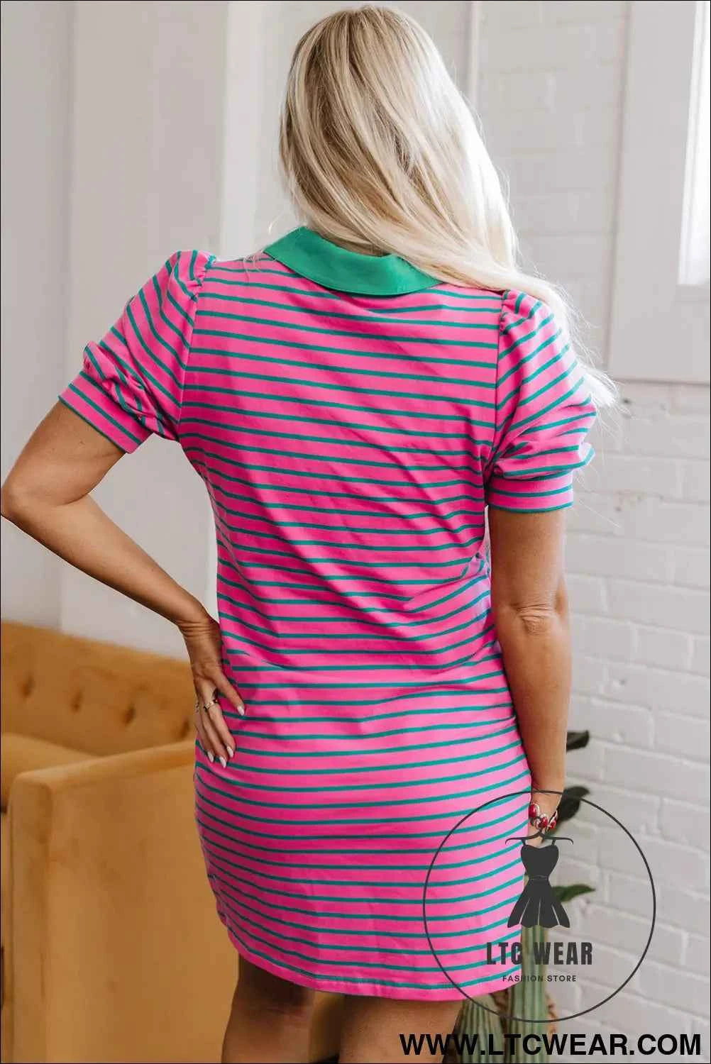 Pink and Teal Stripe Puff Sleeve T Shirt Dress with Green Collar