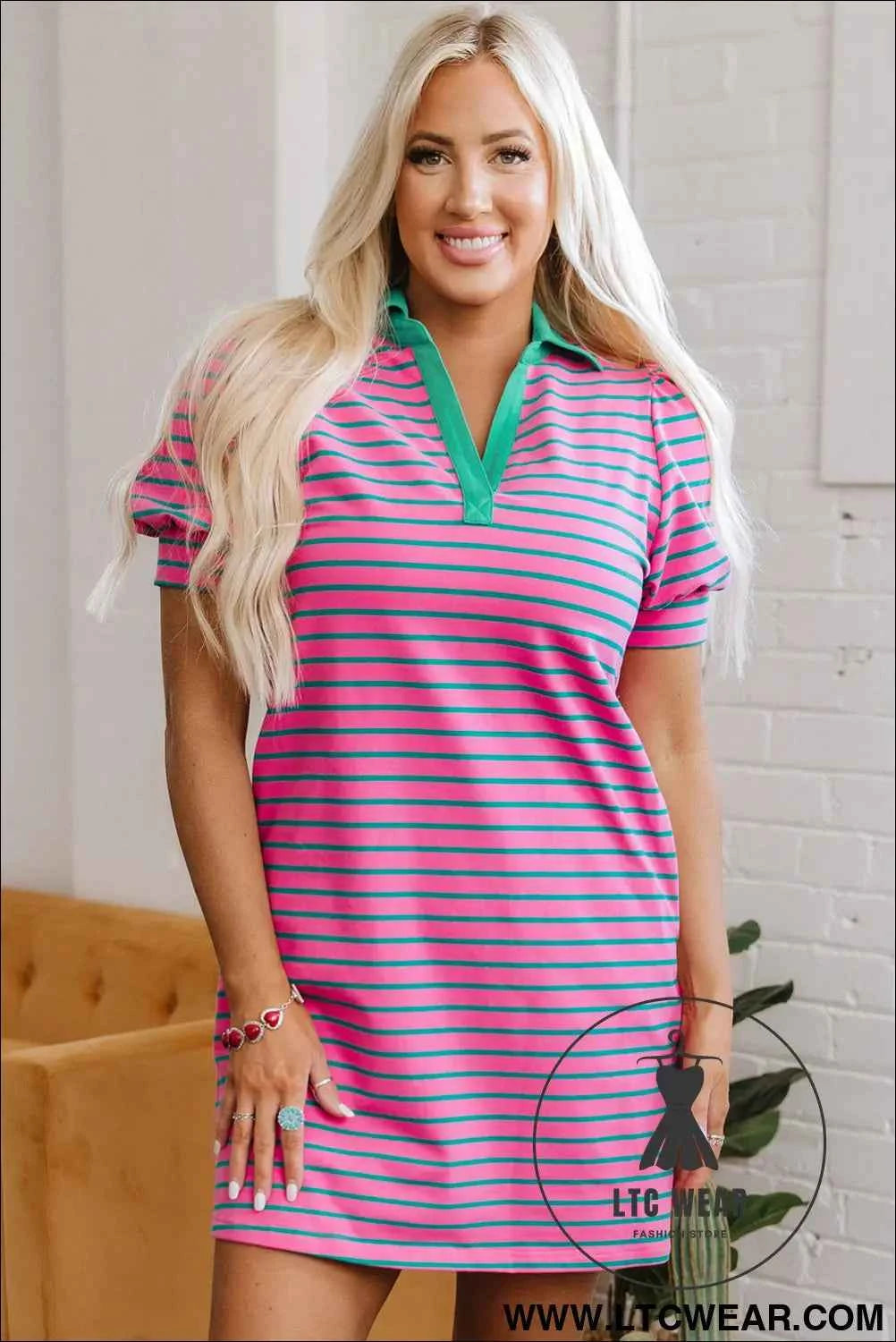 Pink and Teal Stripe Puff Sleeve T Shirt Dress with Green Collar