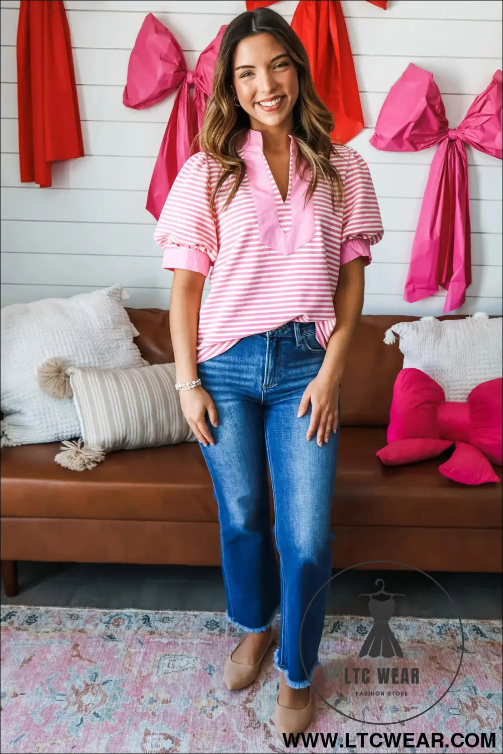 Pink stripe color block detail split neck short sleeve blouse - blouses & shirts