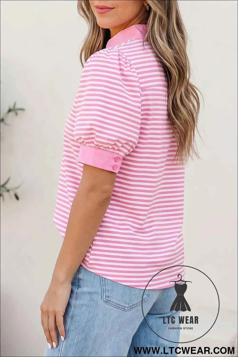 Pink Stripe Color Block Detail Split Neck Short Sleeve Blouse