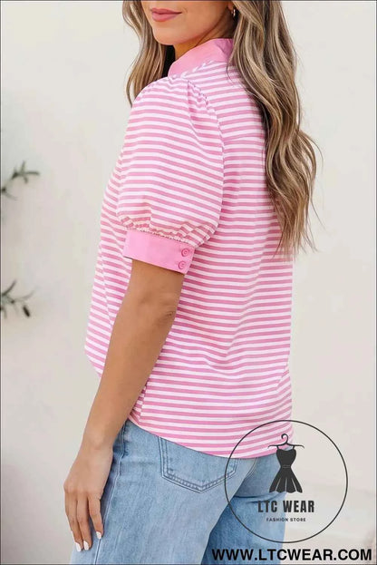 Pink Stripe Color Block Detail Split Neck Short Sleeve Blouse