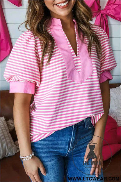 Pink Stripe Color Block Detail Split Neck Short Sleeve Blouse