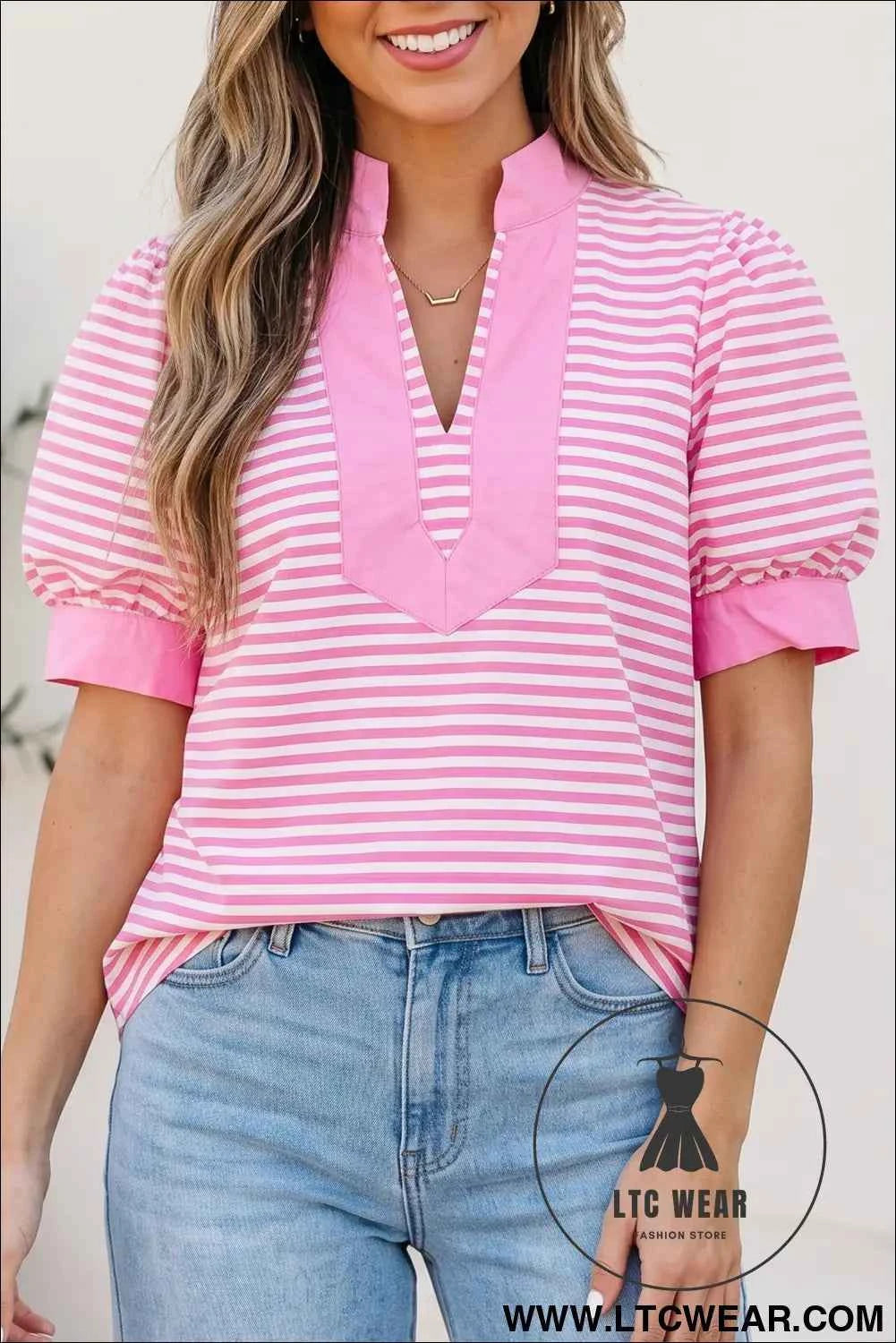 Pink Stripe Color Block Detail Split Neck Short Sleeve Blouse