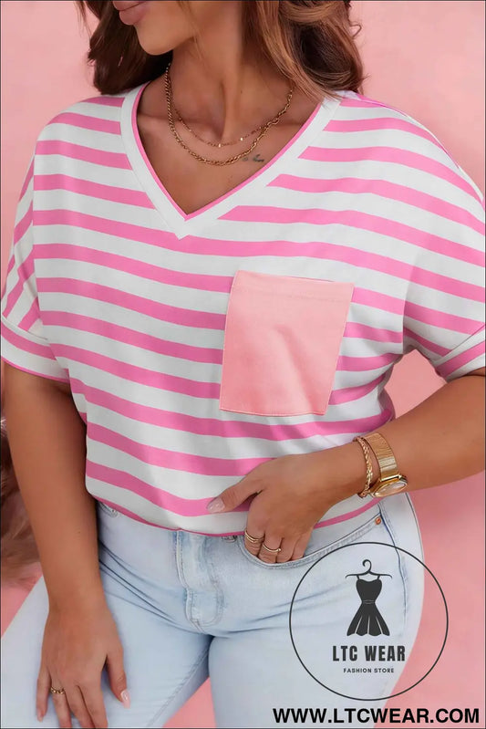 Pink Stripe Colorblock Patched Pocket V Neck Plus Size Tee