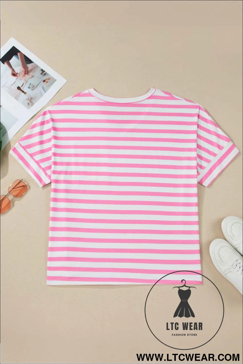Pink Stripe Colorblock Patched Pocket V Neck Plus Size Tee