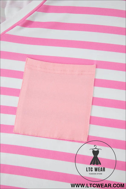 Pink Stripe Colorblock Patched Pocket V Neck Plus Size Tee - L.T.C Wear Online Fashion Store