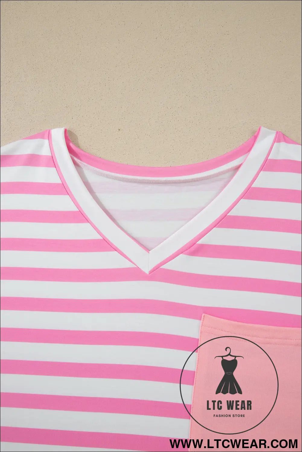 Pink Stripe Colorblock Patched Pocket V Neck Plus Size Tee - L.T.C Wear Online Fashion Store