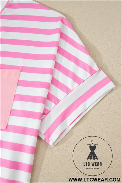 Pink Stripe Colorblock Patched Pocket V Neck Plus Size Tee - L.T.C Wear Online Fashion Store