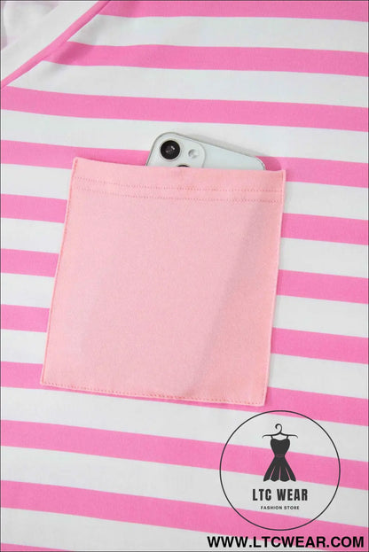 Pink Stripe Colorblock Patched Pocket V Neck Plus Size Tee