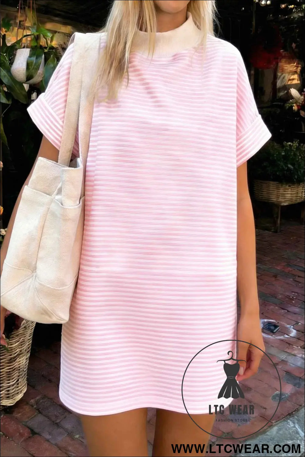 Pink Stripe Cuffed Short Sleeve Contrast Mock Neck Tee Dress