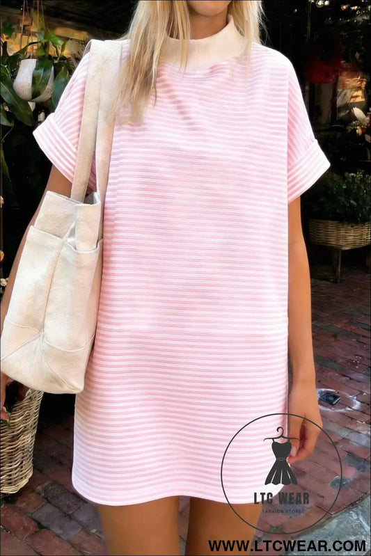 Pink Stripe Cuffed Short Sleeve Contrast Mock Neck Tee Dress
