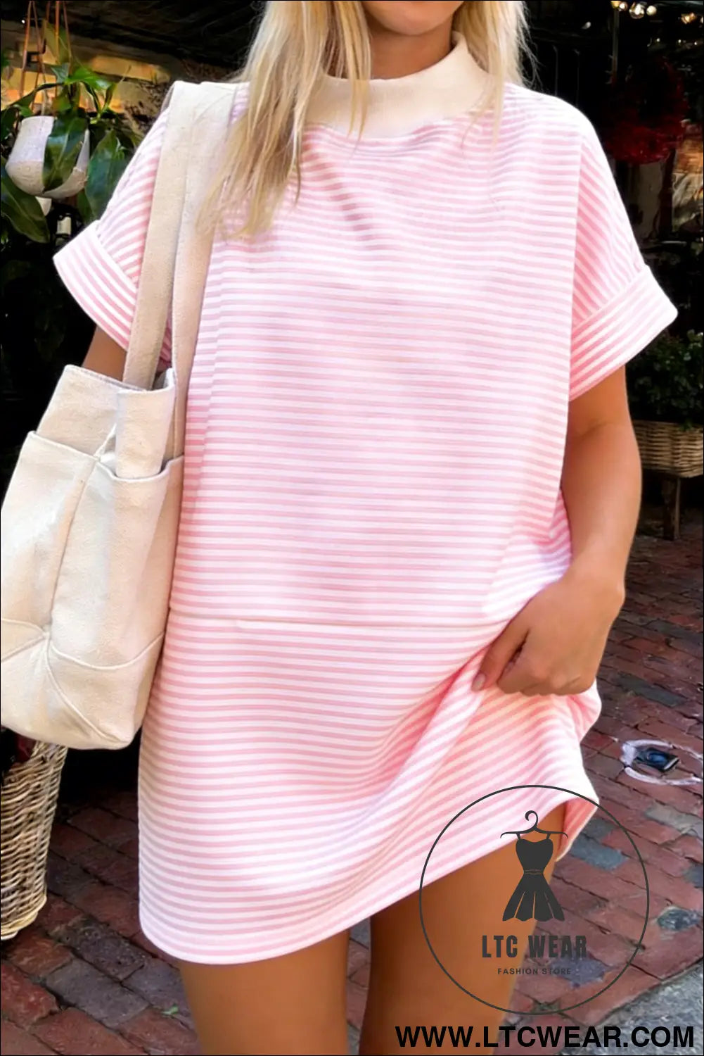 Pink Stripe Cuffed Short Sleeve Contrast Mock Neck Tee Dress - L.T.C Wear Online Fashion Store