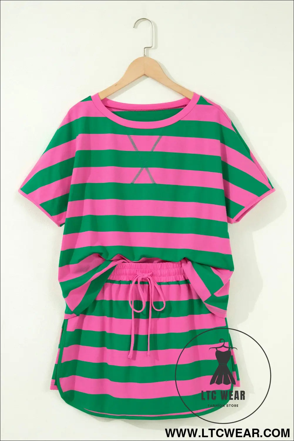 Pink Stripe Dolman Tee Drawstring Skort Athletic 2pcs Set - L.T.C Wear Online Fashion Store