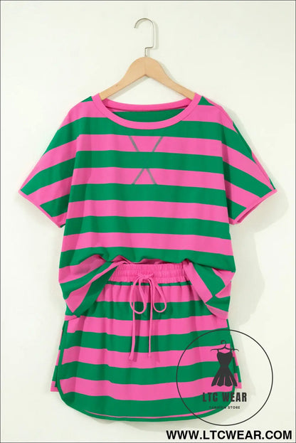 Pink Stripe Dolman Tee Drawstring Skort Athletic 2pcs Set - L.T.C Wear Online Fashion Store