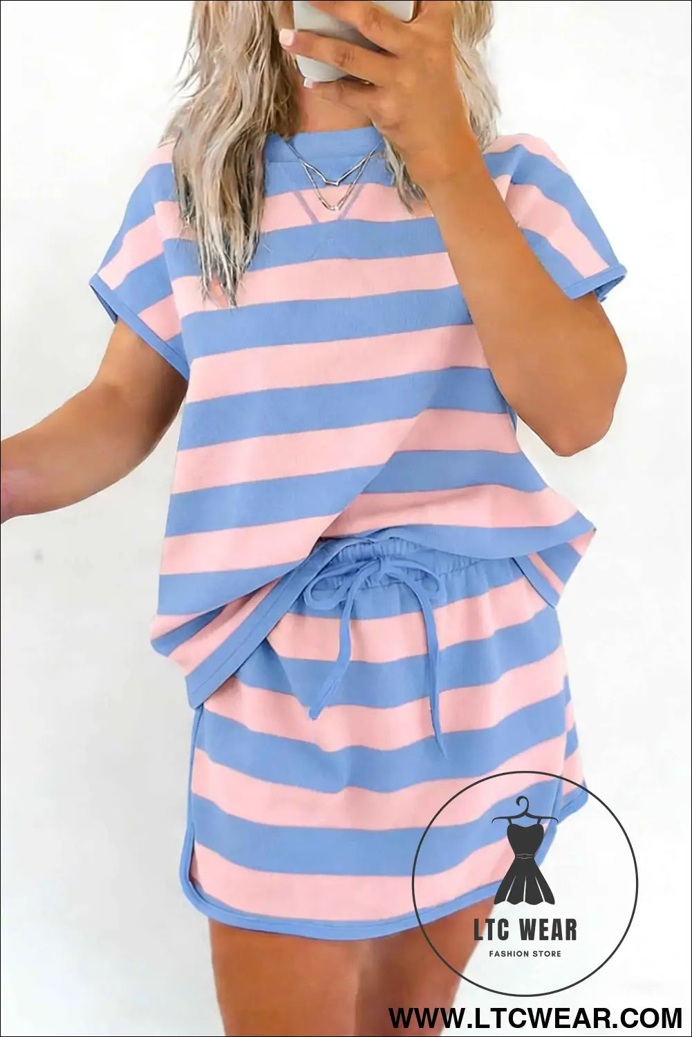 Pink Stripe Dolman Tee Drawstring Skort Athletic 2pcs Set