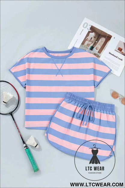 Pink Stripe Dolman Tee Drawstring Skort Athletic 2pcs Set