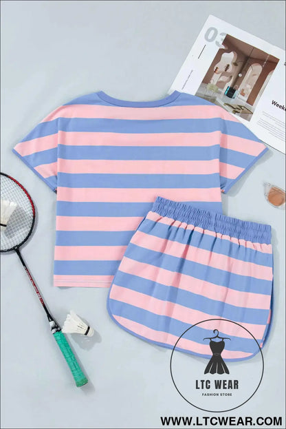 Pink Stripe Dolman Tee Drawstring Skort Athletic 2pcs Set
