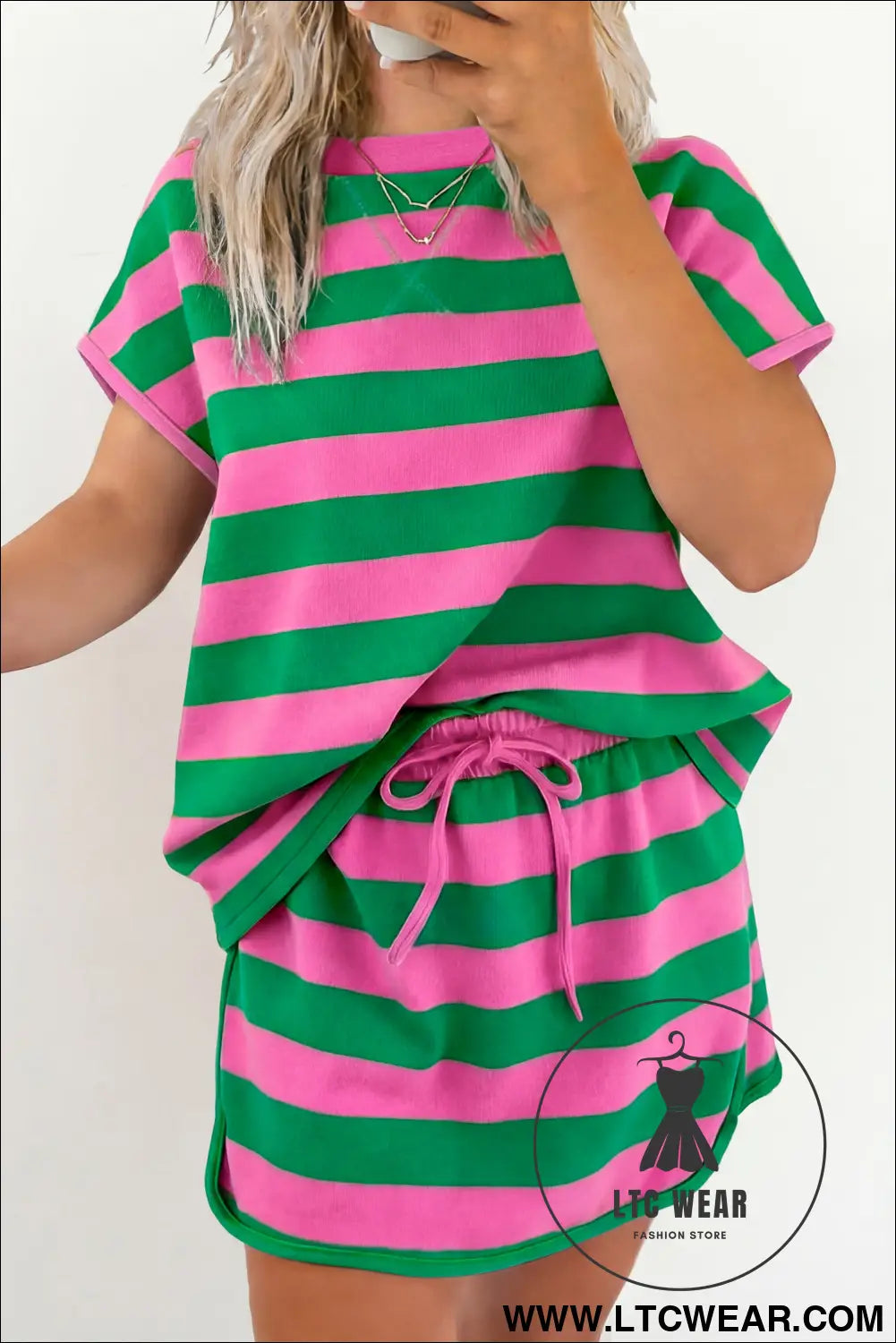 Pink Stripe Dolman Tee Drawstring Skort Athletic 2pcs Set - L.T.C Wear Online Fashion Store