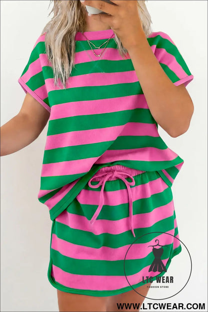 Pink Stripe Dolman Tee Drawstring Skort Athletic 2pcs Set - L.T.C Wear Online Fashion Store