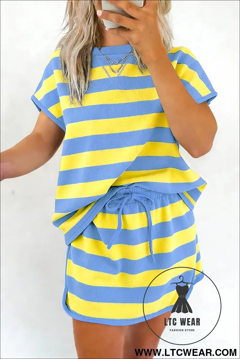 Pink Stripe Dolman Tee Drawstring Skort Athletic 2pcs Set - L.T.C Wear Online Fashion Store