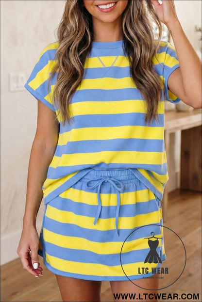 Pink Stripe Dolman Tee Drawstring Skort Athletic 2pcs Set - L.T.C Wear Online Fashion Store
